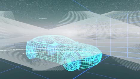 dibujo técnico 3d del coche con procesamiento de datos sobre la cuadrícula en el fondo
