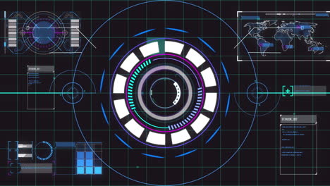animación del sistema de seguridad rotativo, mapa del mundo y diversos datos en fondo negro