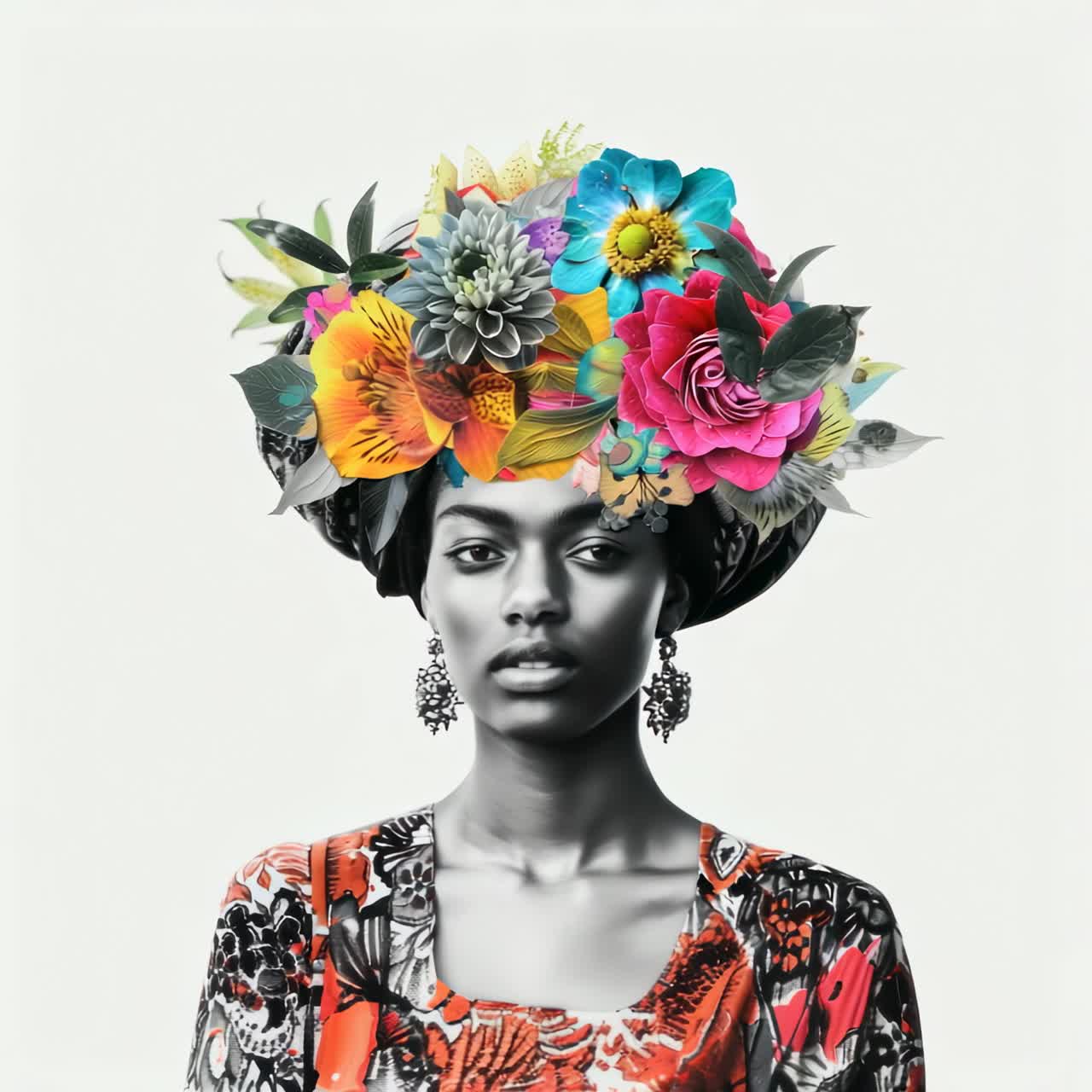Vibrant floral headpiece on a woman in a colorful dress, captured in a frontal angle