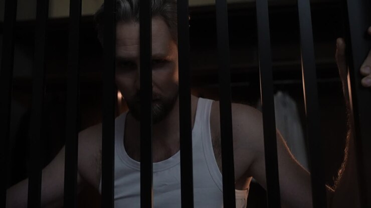 Closeup of man behind bars