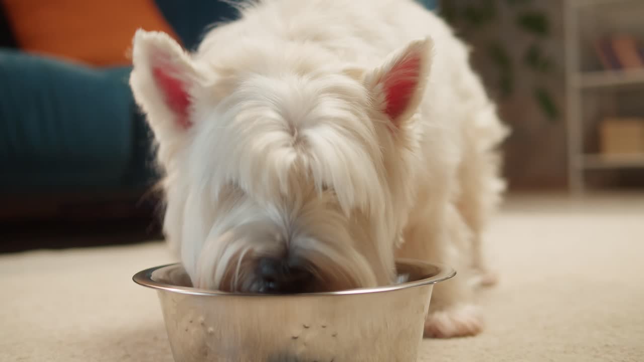 A white West Highland White Terrier eating from a metal bowl indoors