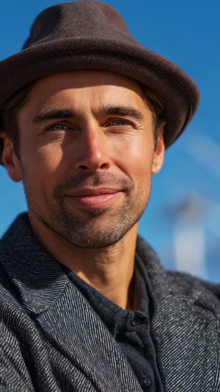 A Close-Up Portrait of a Smiling Man with a Hat Against a Clear Blue Sky, Capturing Joy and Confidence in an Outdoor Setting, Highlighting Facial Features and Natural Expression