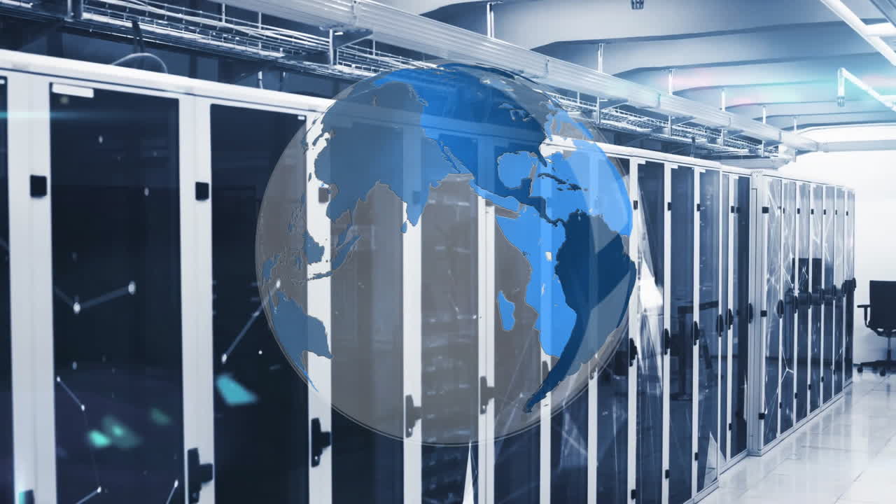 지구의 애니메이션과 컴퓨터 서버를 통해 디지털 데이터 처리