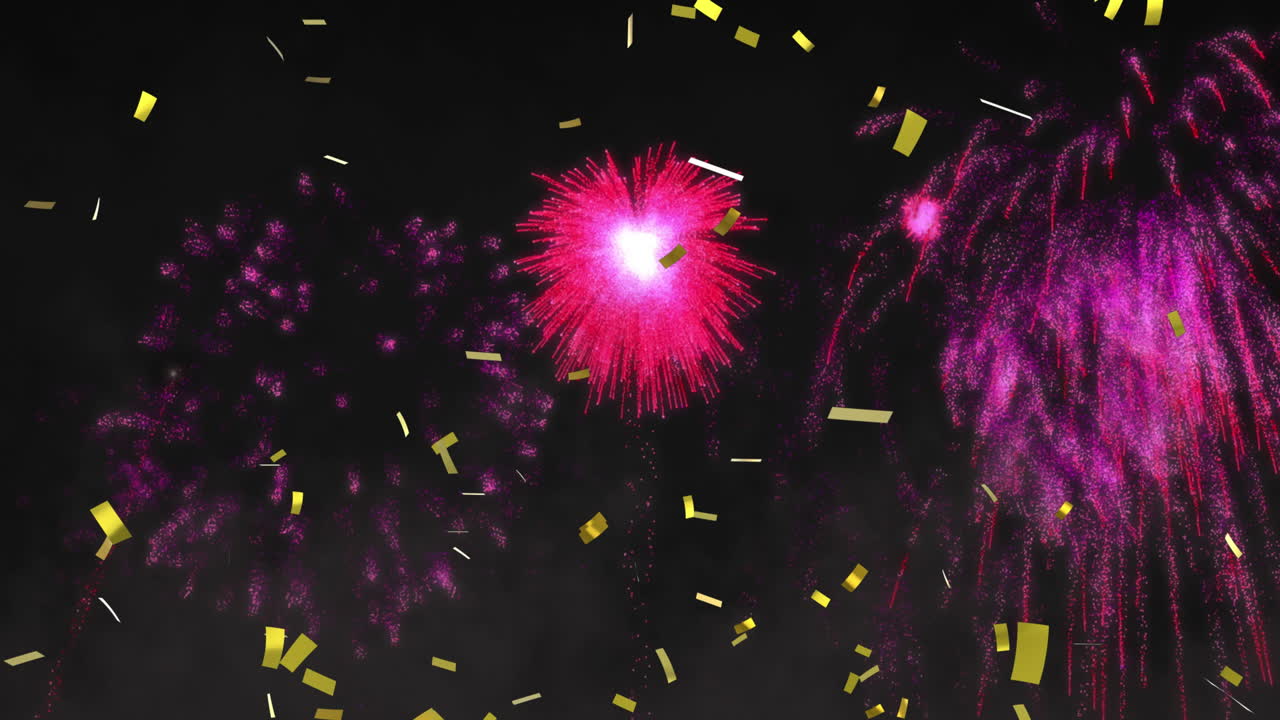 Animation of pink christmas and new year fireworks and gold confetti in night sky