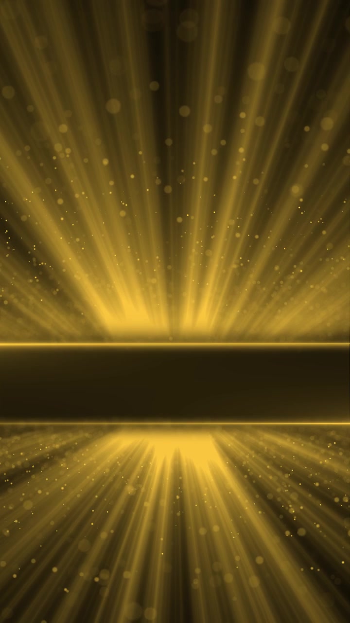 Luxury gold stage visual with warm horizon line bright upward beams glitter dust and dark premium