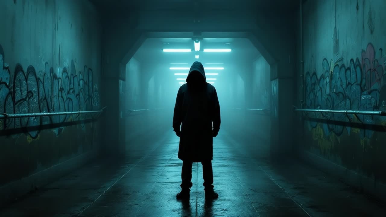 Mysterious figure in dark tunnel illuminated by blue lights, creating an eerie atmosphere