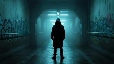 mysterious figure in dark tunnel illuminated by blue lights, creating an eerie atmosphere
