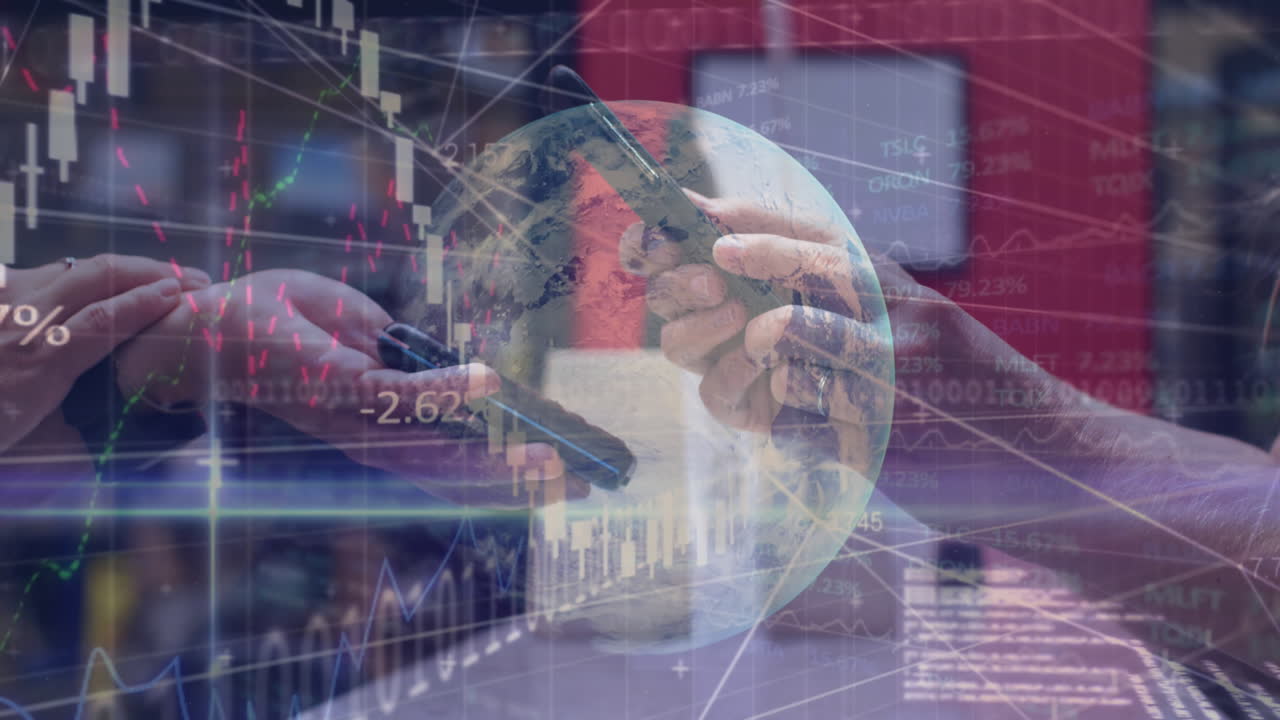 анимация обработки финансовых данных над людьми, использующими смартфоны и платежные терминалы