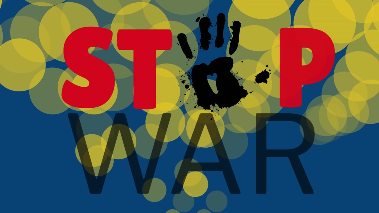 Animation of stop war over yellow dots and handprint on blue background