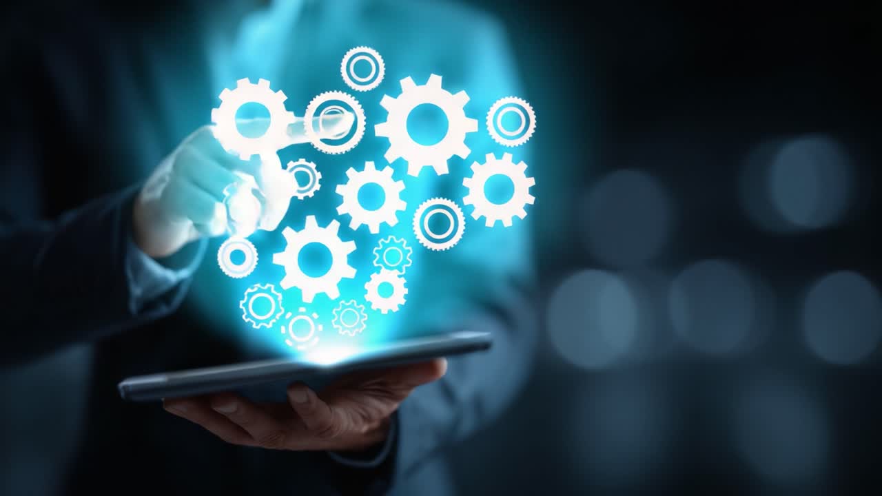 Harnessing Digital Innovation: An Individual Manipulating Virtual Gears on a Tablet Device to Represent Automated Solutions and Modern Technology Trends