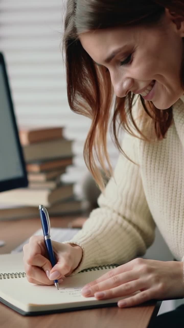 Vertical video: Glancing and smiling at monitor, woman in sweater writing notes at desk with pen