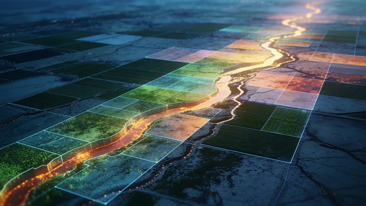 Tracking by camera glowing river flowing, sparks tracing plots and lighting borders, showing flow