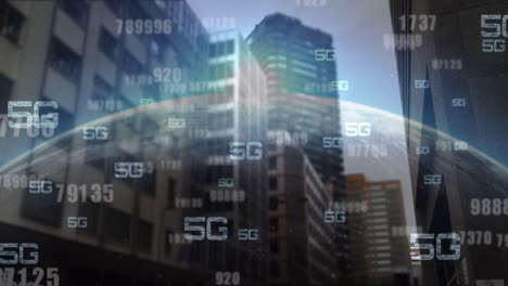 Animation-of-numbers-changing-and-5g-text-over-modern-cityscape