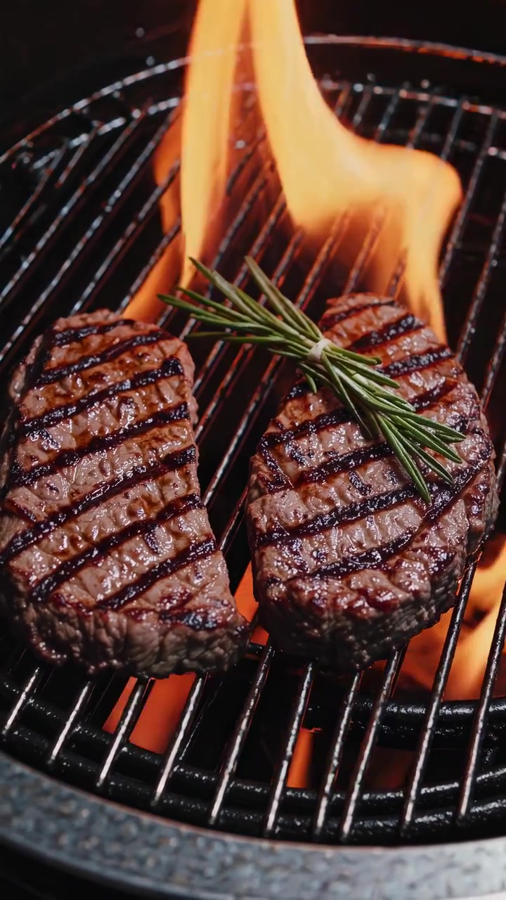 Two Beef Steaks Grilling Over Open Flames with Rosemary