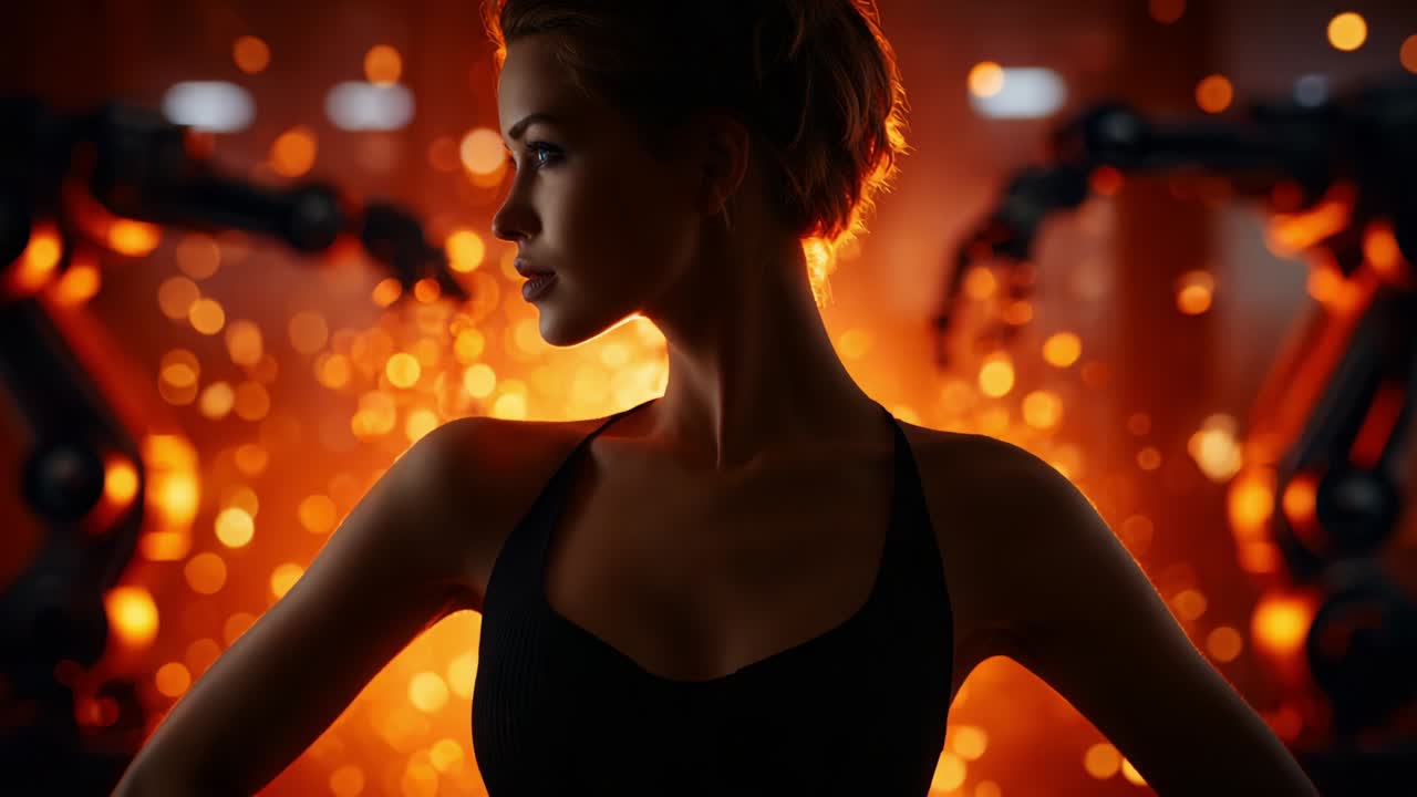 In a captivating blend of technology and beauty, a silhouette of a woman stands confident in front of glowing robotic arms and an enchanting background of shimmering sparks and warm hues, symbolizing the fusion of humanity and machine