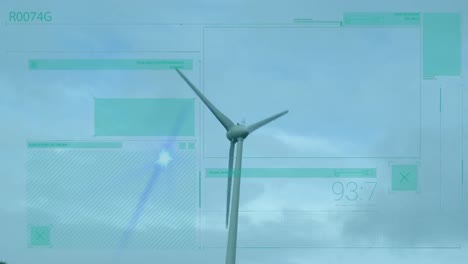 Animation-of-flare-light-and-infographic-interface-over-spinning-windmill-against-clear-sky