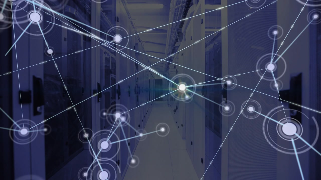 Central glow initiating network nodes expanding among racks with links, flares mapping data flow