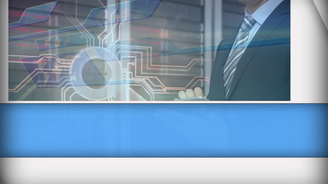 animación de líneas azules y procesador sobre el hombre usando tableta