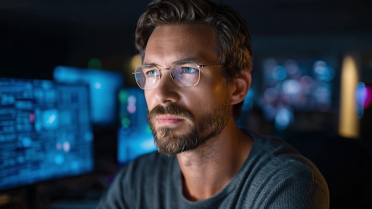 En fokusert person analyserer data på flere skjermer i et mørklagt miljø, noe som fanger essensen av moderne teknologi og cyberanalyse