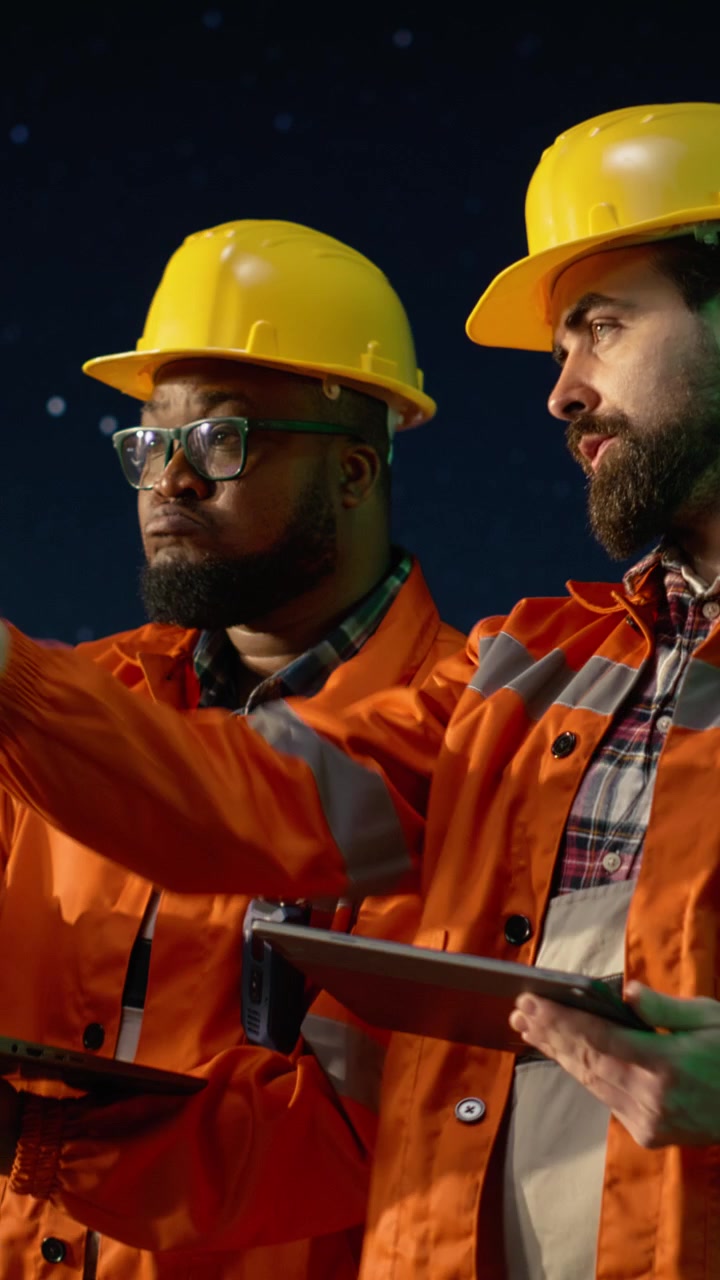 Vertical video Portrait of smiling offshore platform coworkers monitor fuel shortages