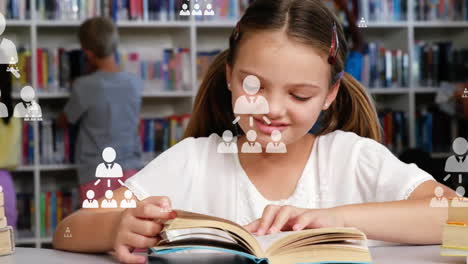 animation of profile icon flowchart over caucasian girl reading book in library in school