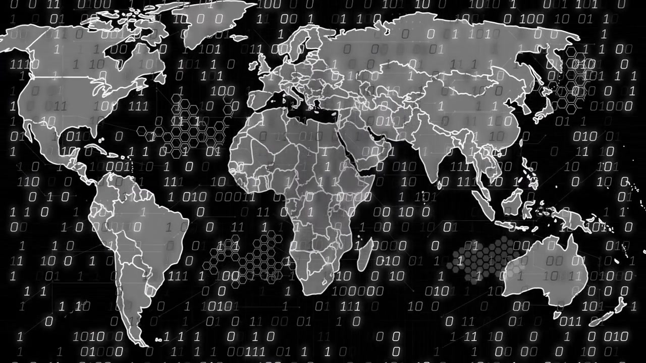 Global map evolving, binary digits initiating fill, lines linking borders, showing tech data flow