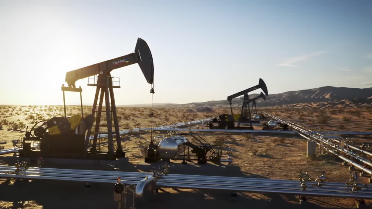 Oil Extraction Process in a Desert Landscape During Sunset Near Drilling Rigs