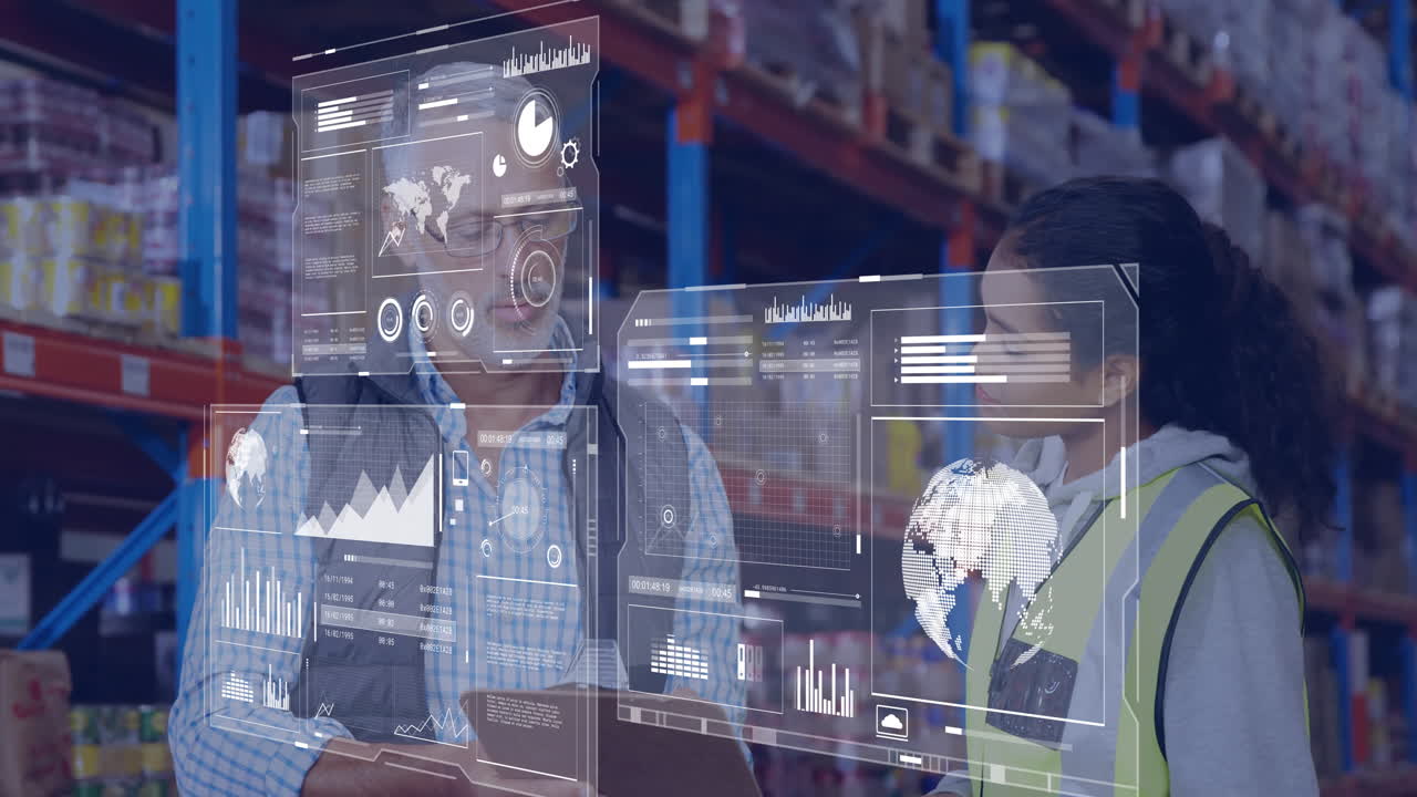 In warehouse, workers discussing data analytics on digital interface with animation