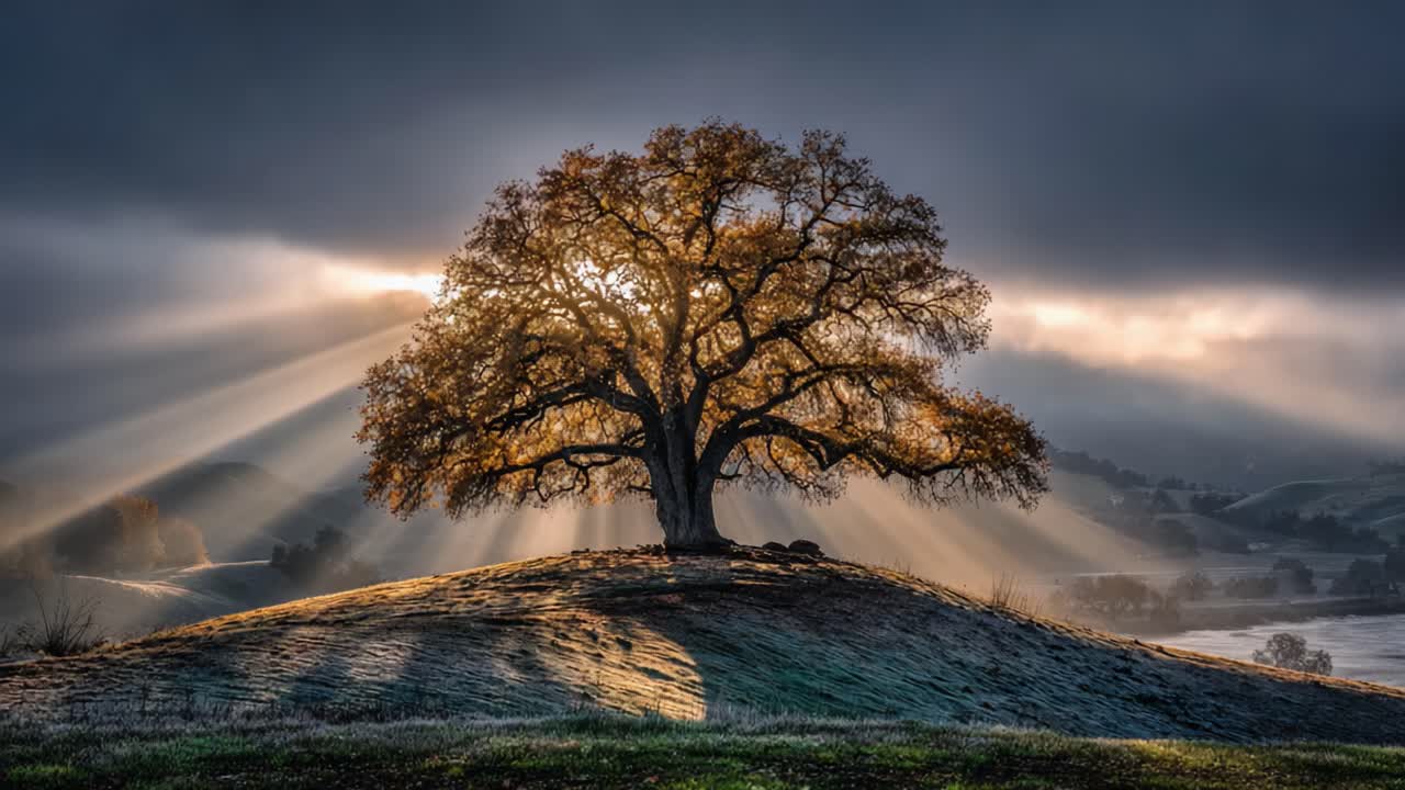 Carvalho majestoso irradiando beleza natural ao amanhecer com a luz do sol atravessando nuvens suaves, criando uma vista deslumbrante de uma paisagem serena