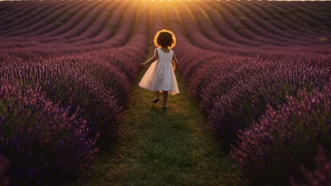 a young girl in a white dress playfully running through a beautiful lavender field at sunset, capturing the essence of joy and innocence in nature's palette