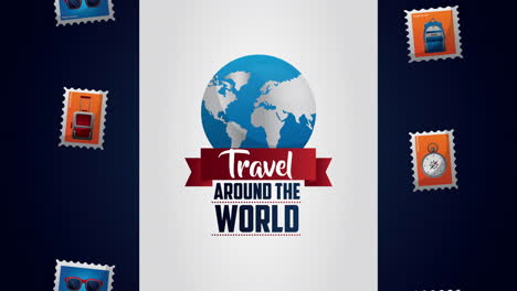 travel around the world animation with items in stamps and earth planet