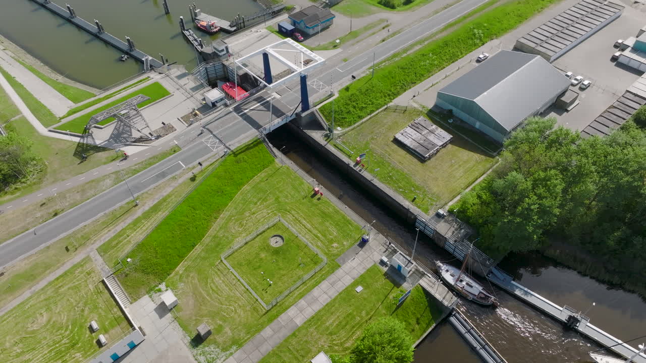 An aerial view shows ships entering the canal of the Dutch port of Lauwersoog