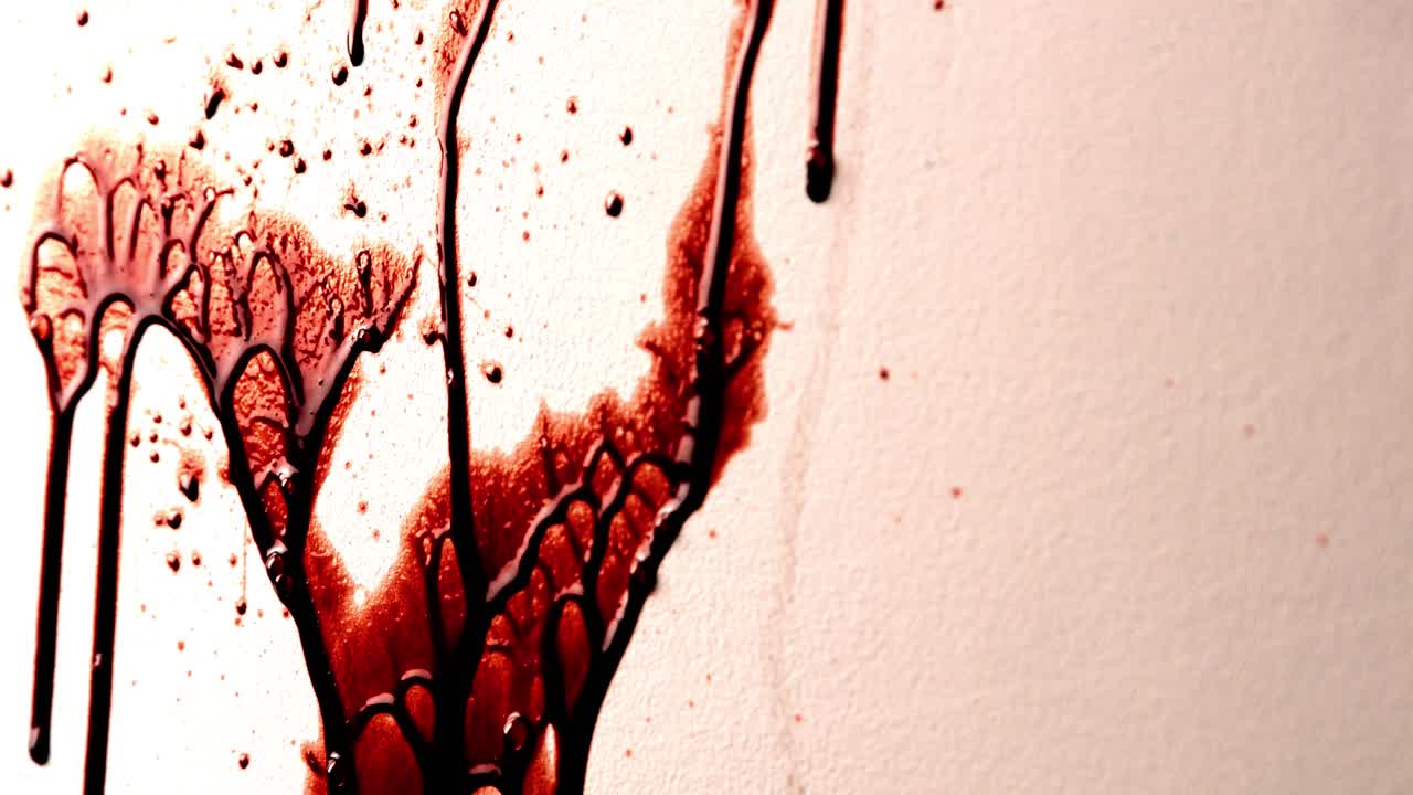 Splattered Red Fake Blood on White Wall. Shiny Thick Liquid Spatter Dripping with Bright Light. Slime Texture for Horror. Violent Crime Scene Halloween Spooky Background