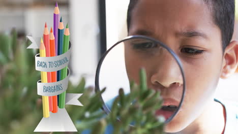 examining plant with magnifying glass, boy over back to school bargains animation