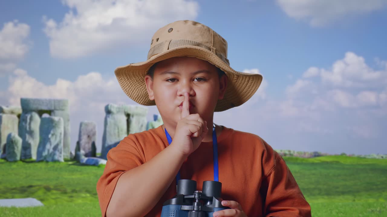 Asian Boy With A Hat Looking Through Binoculars Then Making Shh Gesture While Traveling In Stonehenge. Boy Researcher Examines Something, Travel Tourism Adventure Concept, Close Up