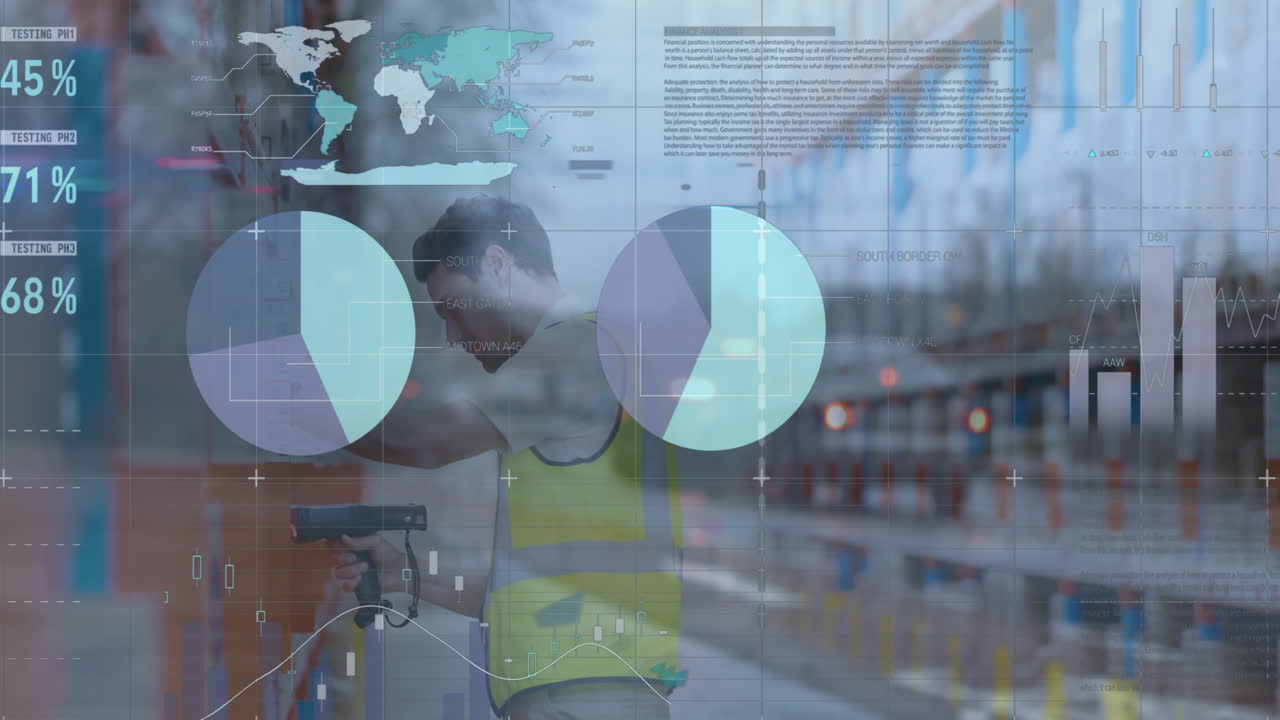 animación de gráficos y datos financieros sobre un trabajador de almacén caucásico