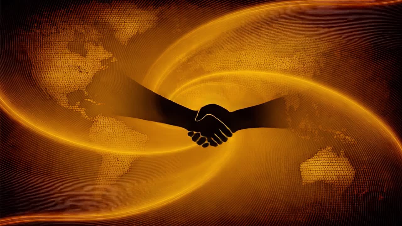 Animated handshake silhouette symbolizing a global agreement over a spinning, golden, digital world map, representing international business, partnership, cooperation, and successful negotiation