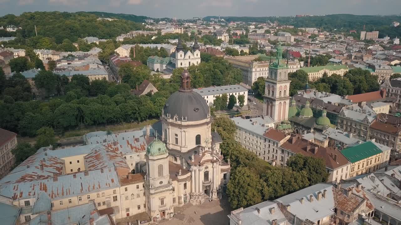 Aerial drone video of city Lviv, Ukraine. Ancient Ukraine Dominican Church. Panorama of old town