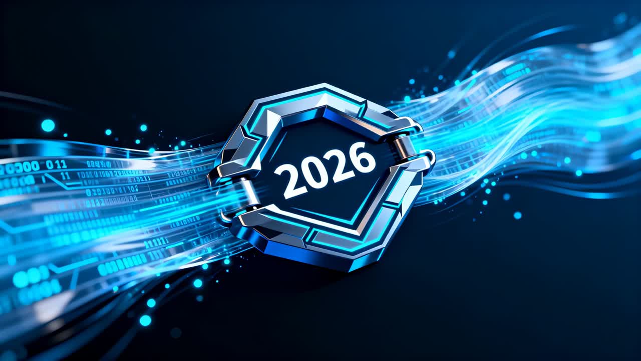 Rotating metal hex emblem as blue data ribbons streaming on dark virtual stage, sliding 2026 out