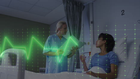 animation of cardiograph over diverse female doctor with female patient