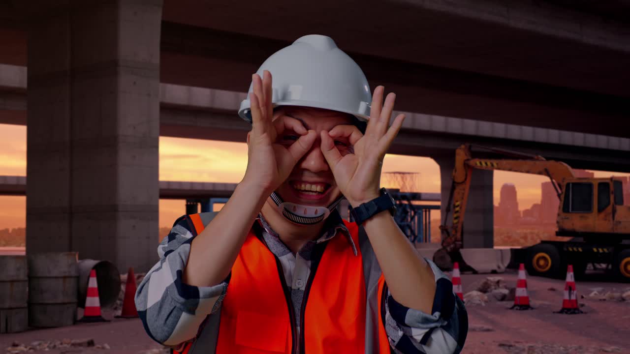 Nærbillede af asiatisk, mandlig ingeniør med sikkerhedshjelm, der viser OK-tegn over øjet og smiler til kameraet, mens han står på en motorvejsbyggeplads