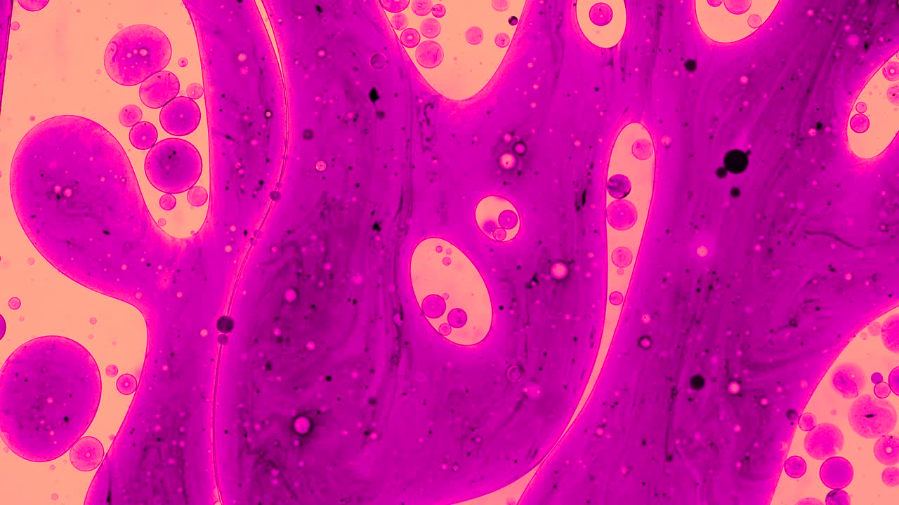 Colorful oil drops floating on water surface, top view. Fantastic abstract background. Bright bubbles moving and spreading. Close up 4k video of weird liquid structures. Scientific chemical experiment