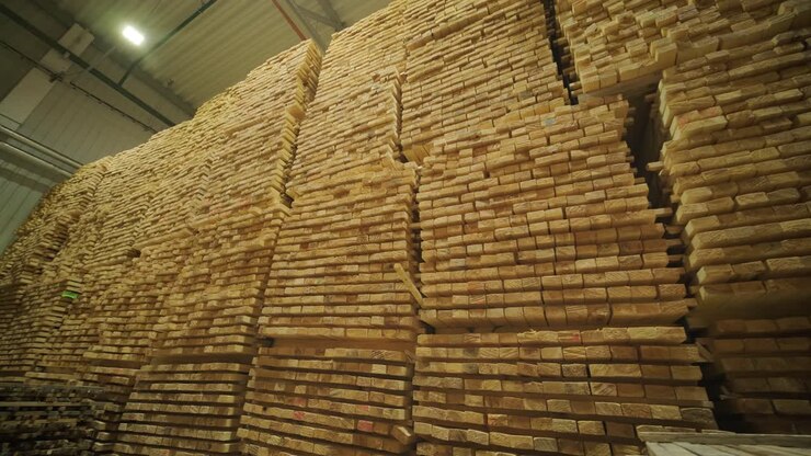 Enormi cataste di assi di legname in un magazzino industriale