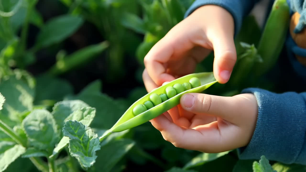 Child holding open a fresh pea pod
