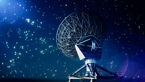 Satellitenschüssel-Dreht-Sich-Um-Ihren-Drehpunkt,-Um-Drahtlose-Funksignale-Zu-Empfangen.-Eine-Antenne-Versucht,-Das-Sendesignal-Mit-Wertvollen-Informationen-Zu-Erfassen.-Weltraumumgebung-Mit-Leuchtenden-Sternen.-HD