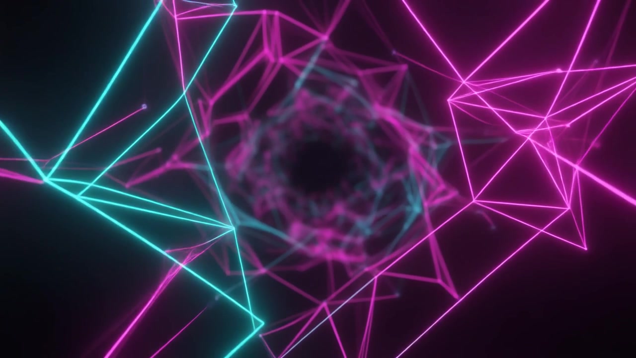 Tunnel Geometrico al Neon Astratto che si Muove Attraverso lo Spazio Digitale