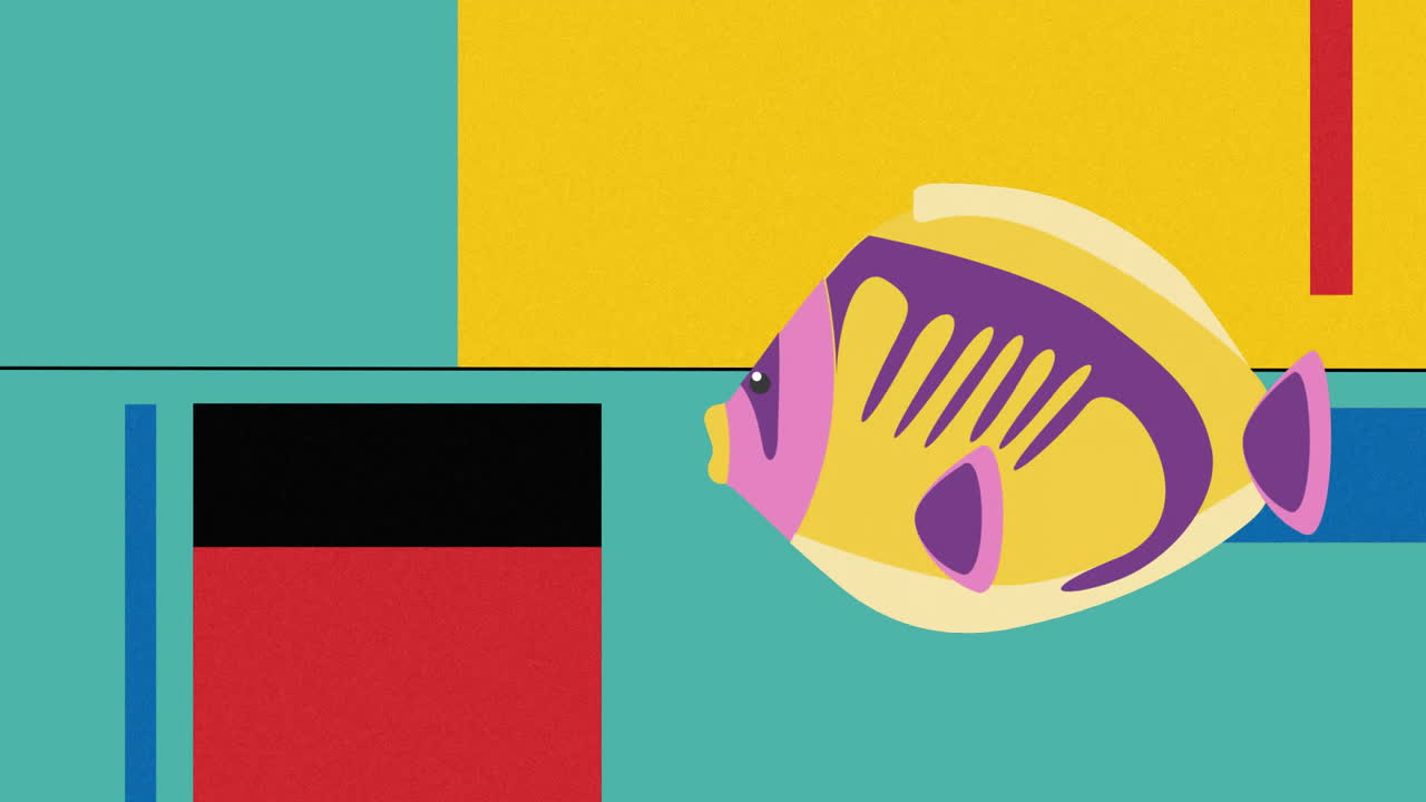 animación de peces amarillos sobre un patrón vibrante abstracto
