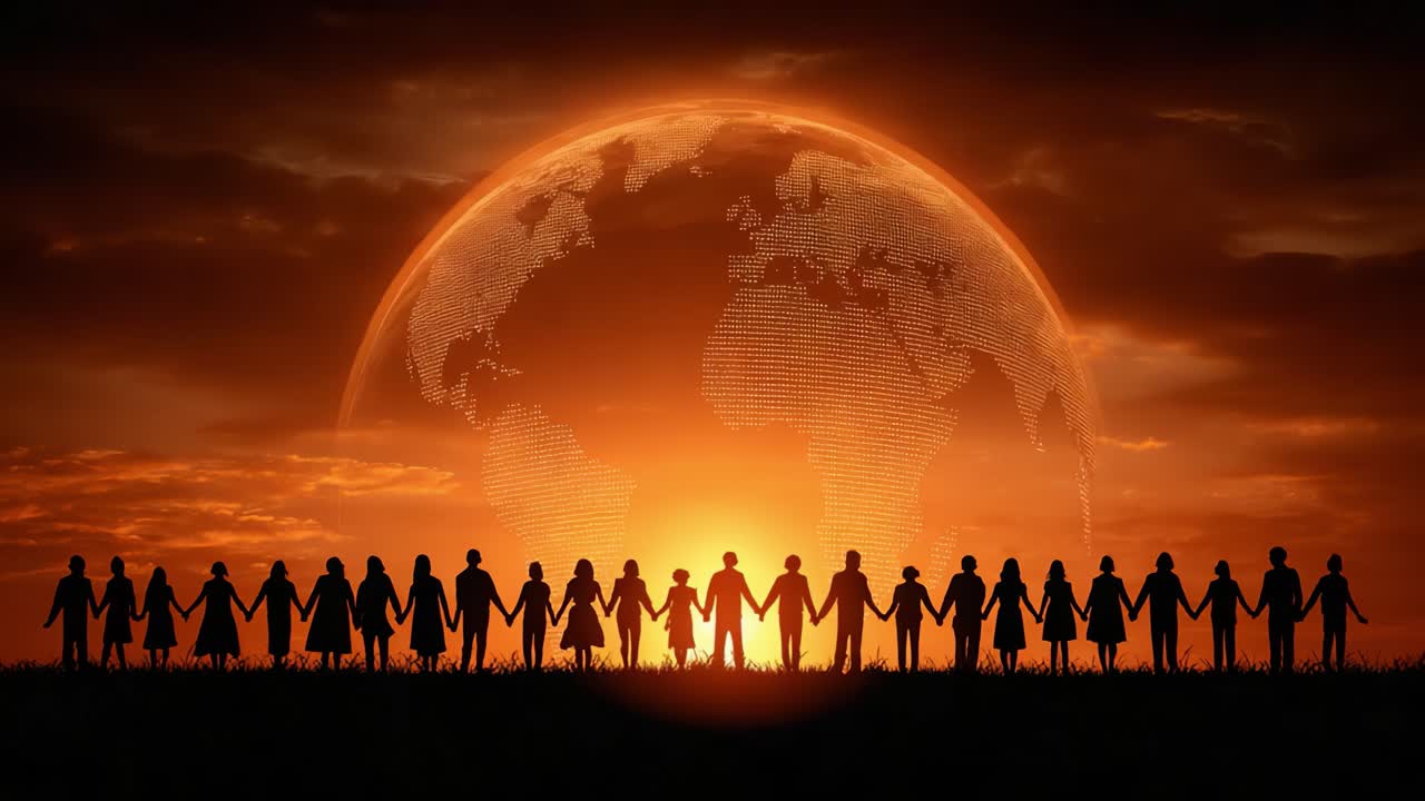 En Enhet av Menneskeheten: Silhuetterte Figurer som Holder Hender Mot en Fantastisk Solnedgang med en Globus, som Symboliserer Samhold og Global Harmoni.