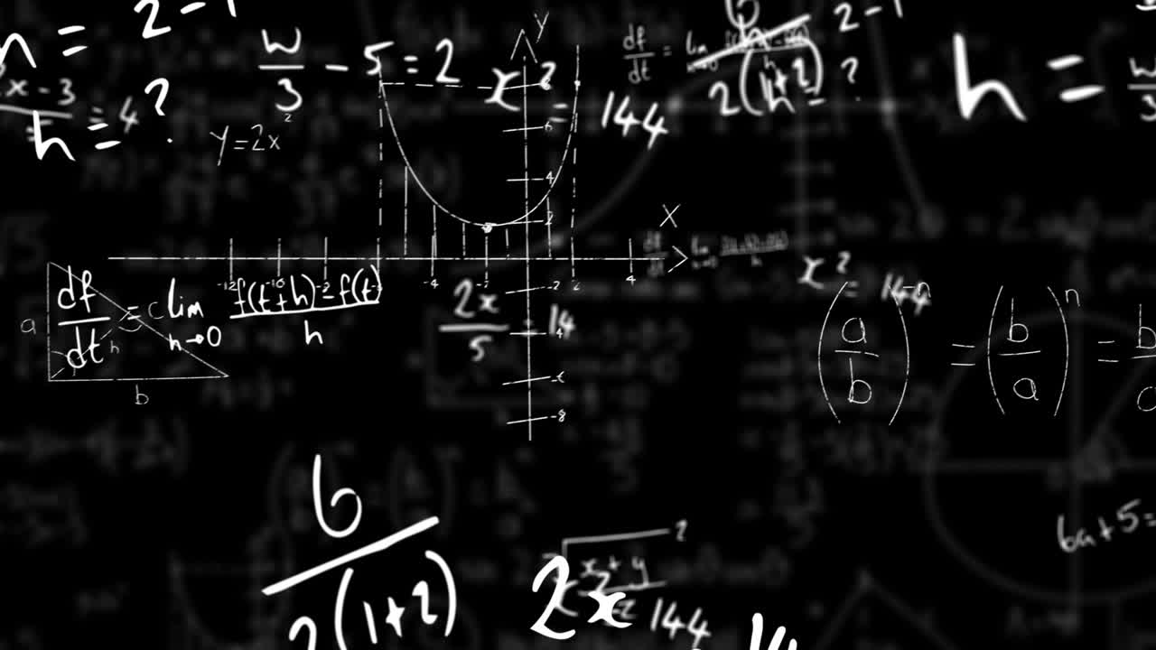 animación digital de símbolos y ecuaciones matemáticas flotando contra un fondo negro