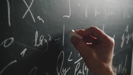 an extreme close-up, angled shot of a professor's hand writing a complex mathematical formula on a blackboard with chalk. a concept of science, education, and academia